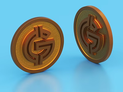 Golden Decorative Coin Jewelry With Engraved Symbol Design And Shiny Metallic Finish On Blue Background 3d model