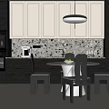 Modern Restaurant Interior With Round Glass Dining Table Black Chairs Pendant Light And Patterned Backsplash 3d model