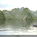 Peaceful Sunrise Lake Natural Landscape With Misty Green Hills Flying Birds And Small Wooden Boat