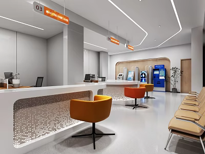 Modern Public Service Hall With Counters Chairs And Self Service Kiosks 3d model