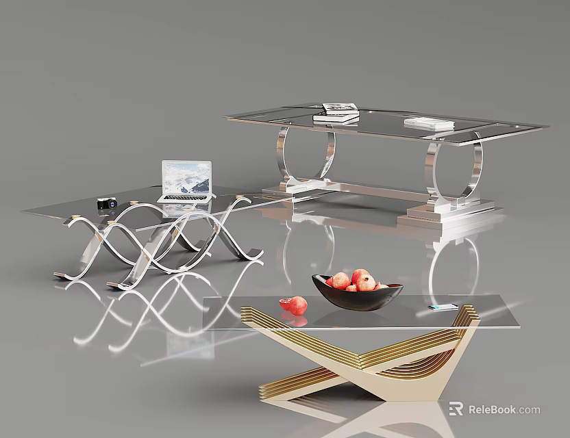 Modern Coffee Tables Featuring Glass Tops And Metallic Geometric Bases 3d model 