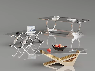 Modern Coffee Tables Featuring Glass Tops And Metallic Geometric Bases 3d model