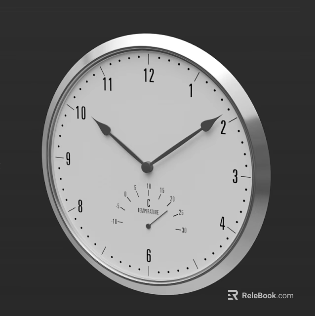 Round Wall Clock with White Dial Black Numbers Hands and Temperature Display in Silver Frame 3d model 