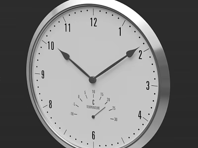 Round Wall Clock with White Dial Black Numbers Hands and Temperature Display in Silver Frame 3d model