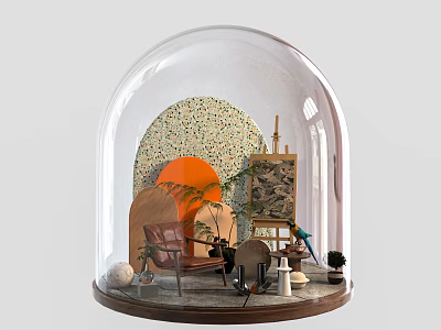 Decorative Ornament Set Inside Glass Dome With Orange Circular Decor Easel Brown Chair And Plants 3d model