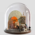 Decorative Ornament Set Inside Glass Dome With Orange Circular Decor Easel Brown Chair And Plants