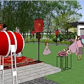 Traditional Square Landscape With Green Lawn Red Lanterns Bamboo Trees And Stone Pathways