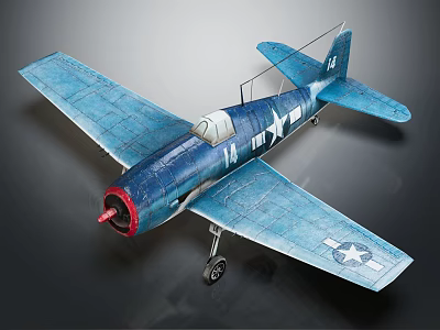 Blue Fighter Plane Model with Red Propeller and White Stars on Wings 3d model