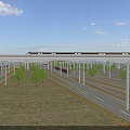 Electric Tram Traveling on Elevated Railway Track Surrounded by Trees and Open Landscape