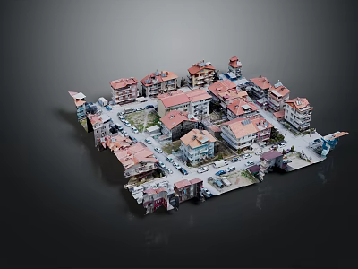 Cartoon Scene of Miniature Urban City with Red Roof Buildings Streets and Cars 3d model