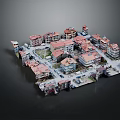 Cartoon Scene of Miniature Urban City with Red Roof Buildings Streets and Cars