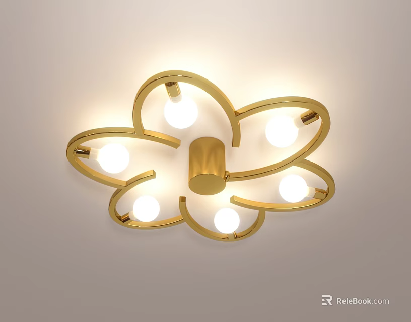 Elegant Golden Floral Shaped Ceiling Light With Multiple Illuminated Bulbs 3d model