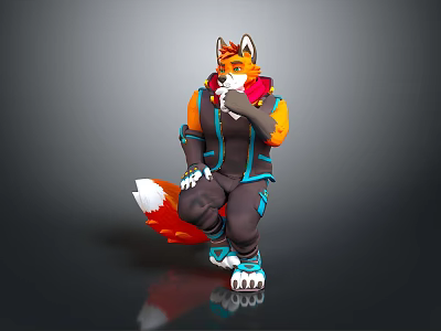 Fox Character In Orange And Blue Outfit Squatting With Hand On Mouth And Fluffy Tail 3d model