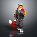 Fox Character In Orange And Blue Outfit Squatting With Hand On Mouth And Fluffy Tail