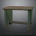 Vintage Wooden Table with Rectangular Distressed Green Red Top and Textured Legs