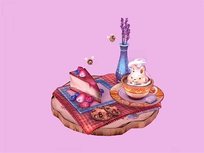 Wooden Tray Featuring Strawberry Cake Cookies Blue Vase Lavender Rabbit Teacup Bees On Pink Background 3d model