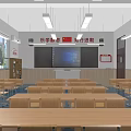 Bright School Classroom With Desks Chairs Blackboard Projection Screen And Windows For Effective Learning Environment