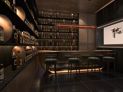 Modern Bar Interior Design With Shelves Of Bottles Bar Counter And Stools 3d model
