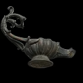 Ancient Bronze Oil Lamp Sculpture With Intricate Carvings And Ornate Handle