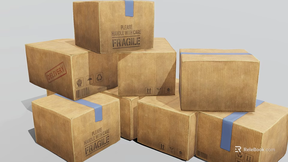 Stacked Brown Cardboard Boxes With Fragile Labels And Handle With Care Instructions 3d model 