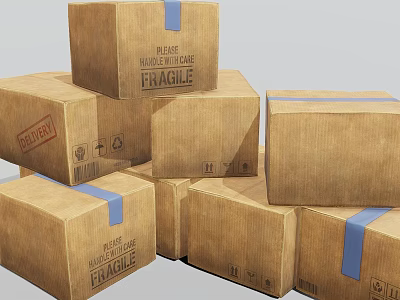 Stacked Brown Cardboard Boxes With Fragile Labels And Handle With Care Instructions 3d model