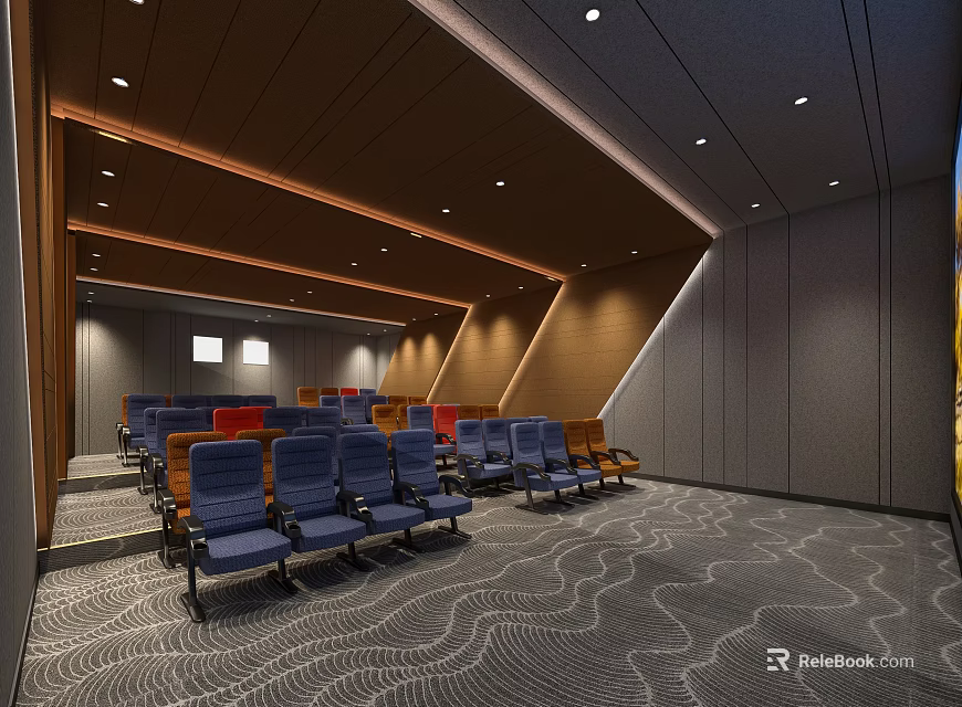Modern Cinema Interior With Blue Red Seats Wooden Ceiling And Patterned Carpet 3d model 