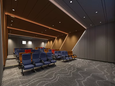 Modern Cinema Interior With Blue Red Seats Wooden Ceiling And Patterned Carpet 3d model