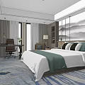 Hotel Guest Room Interior With Comfortable Bed White Linen Green Blanket Windows And Decorative Painting