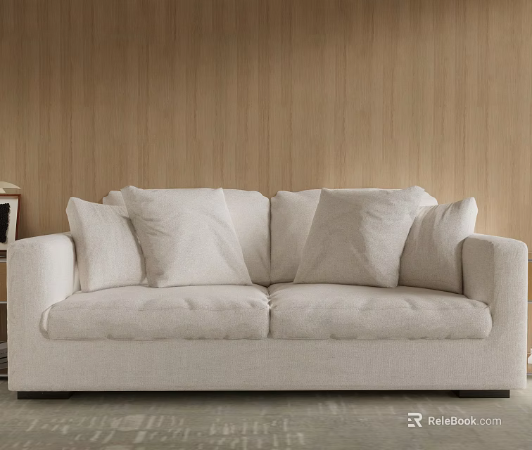 Modern Minimalist Two Seater Sofa in Beige Linen Against Wooden Wall 3d model 