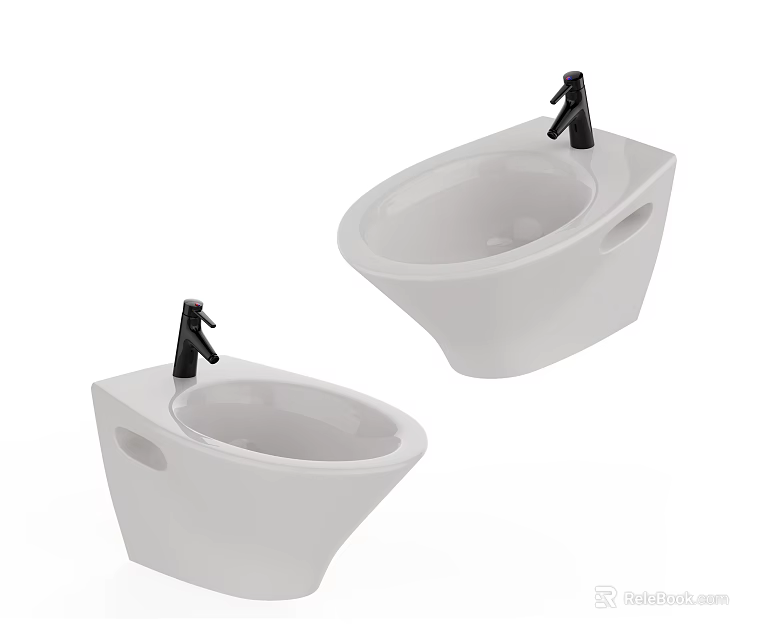 Two White Bathroom Wall Mounted Washbasins With Black Faucets Modern Design 3d model 