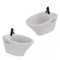 Two White Bathroom Wall Mounted Washbasins With Black Faucets Modern Design