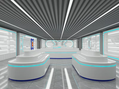 Modern Retail Store Interior Design With White Display Counters And Illuminated Ceiling 3d model