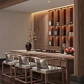 Traditional Tea House Interior Design With Wooden Furniture And Tea Sets