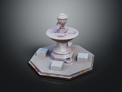 Stone Fountain With Hexagonal Base Ornamental Top And Square Support Blocks 3d model