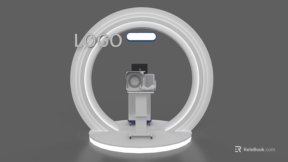 White Circular Exhibition Island With Camera Device Lighting And Logo Display Area 3d model