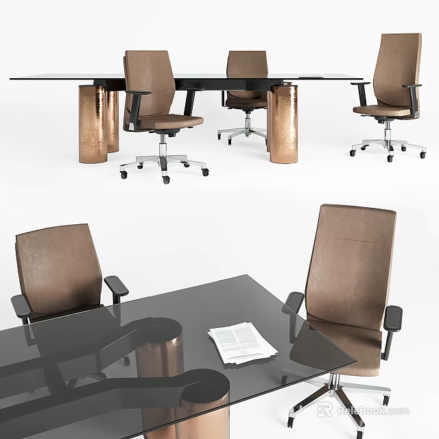 Modern Brown Office Chairs With Armrests And Wheels For Glass Desk Workspace 3d model 