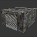 Gray Weathered Concrete Cube Structure With Metal Roller Shutter Door And Textured Surface