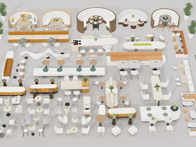 Various Restaurant Furniture Designs With Tables Chairs And Plant Decor Elements 3d model