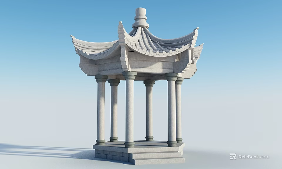 Chinese Garden Landscape Featuring Traditional Stone Pavilion with Curved Eaves and Columns Against Blue Sky 3d model 
