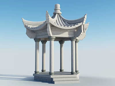 Chinese Garden Landscape Featuring Traditional Stone Pavilion with Curved Eaves and Columns Against Blue Sky 3d model