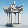 Chinese Garden Landscape Featuring Traditional Stone Pavilion with Curved Eaves and Columns Against Blue Sky