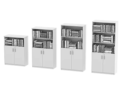 White File Cabinets In Various Sizes With Doors Filled With Files And Books 3d model