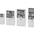 White File Cabinets In Various Sizes With Doors Filled With Files And Books