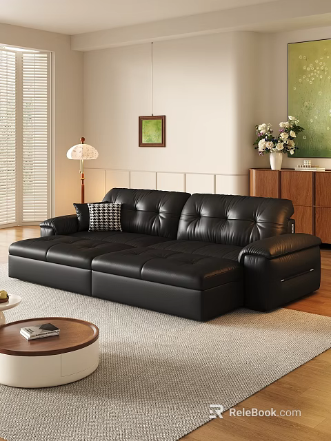 Black Leather Sectional Sofa In Living Room With Window Blinds Floor Lamp And Wooden Cabinet 3d model 
