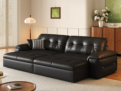 Black Leather Sectional Sofa In Living Room With Window Blinds Floor Lamp And Wooden Cabinet 3d model