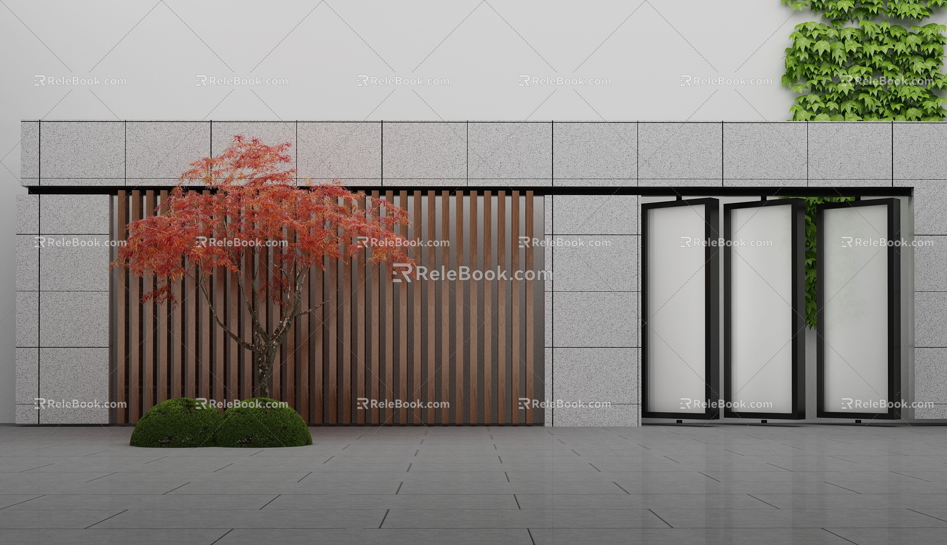 Landscape sketch Zen space community entrance waterscape wall 3d model