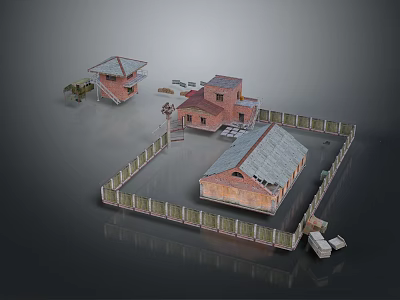 Cartoon Style Scenery With Fenced Yard Multiple Houses Different Roofs And Small Details Like Ladder 3d model
