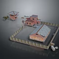Cartoon Style Scenery With Fenced Yard Multiple Houses Different Roofs And Small Details Like Ladder
