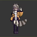 Cartoon Style Game And Movie Character With Gray Fur Raccoon Tail Purple Ears And Waving Hand