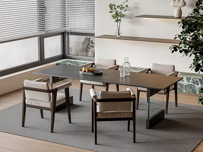 Modern Dining Table With Beige Upholstered Chairs Glass Top And Potted Plant By Window Blinds 3d model